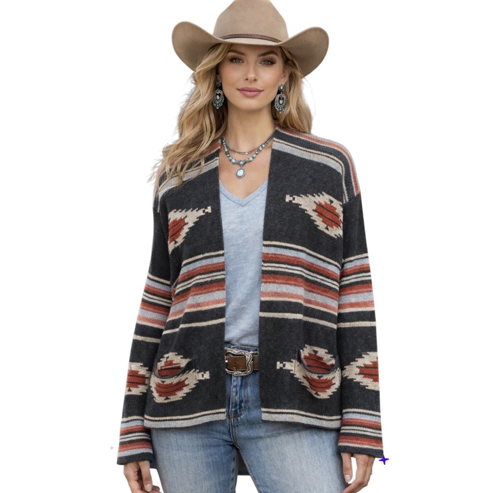 Rock & Roll Cowgirl Southwestern Aztec Open Front Cardigan Womens M NWOT